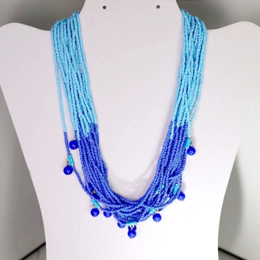 Talbots NOS Multi Strand Blue Ombre Glass Seed Bead Charm Collar Necklace